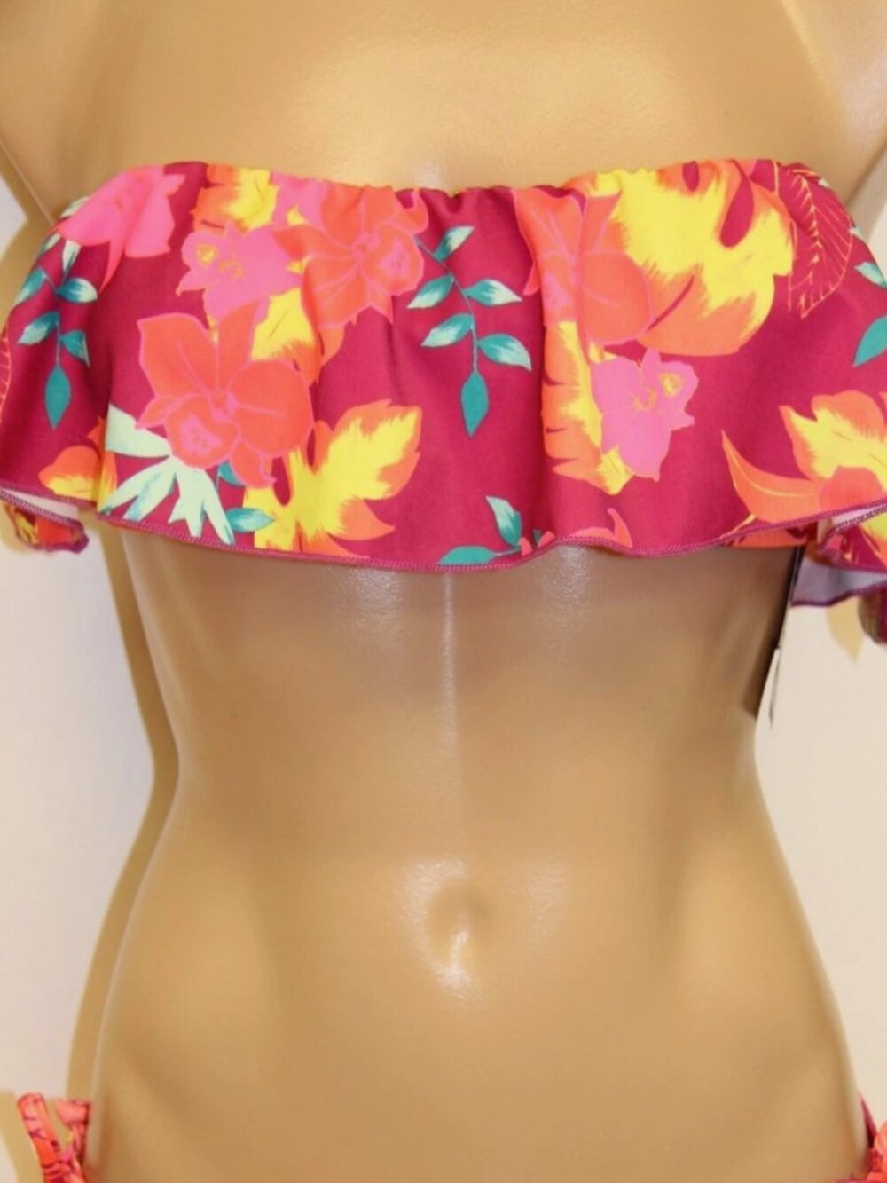HURLEY Bikini Top Swim Flutter Floral Hot Pink Fuchsia XS Bandeau Strapless Surf